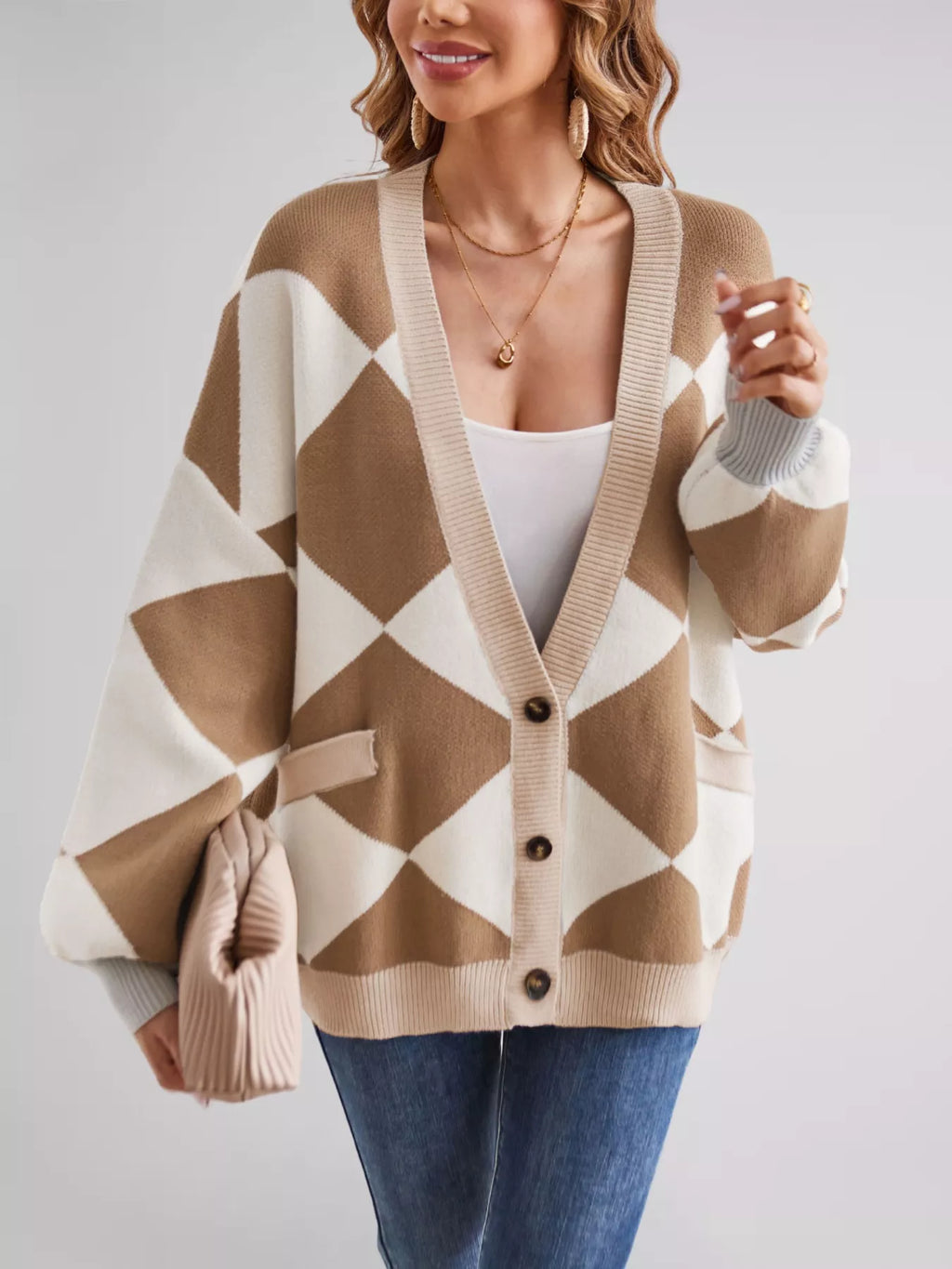 Diamond Pattern Button-up Knit Cardigan (3)