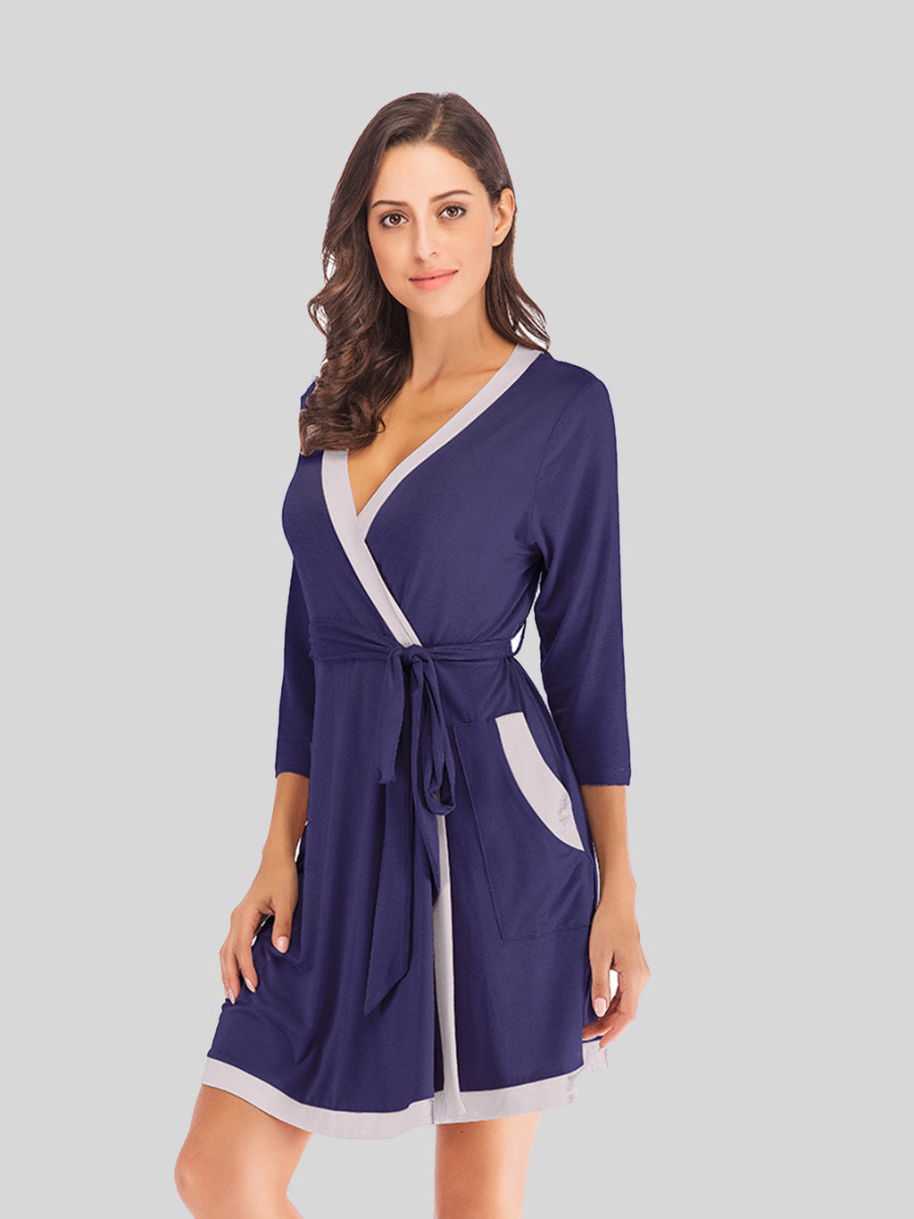 Tie Waist Surplice Neck Robe Pockets (4)