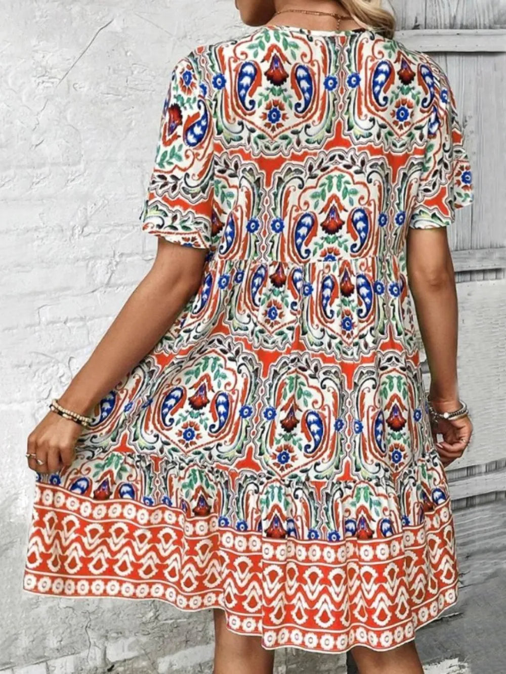 Printed Tie Neck Short Sleeve Dress (8)