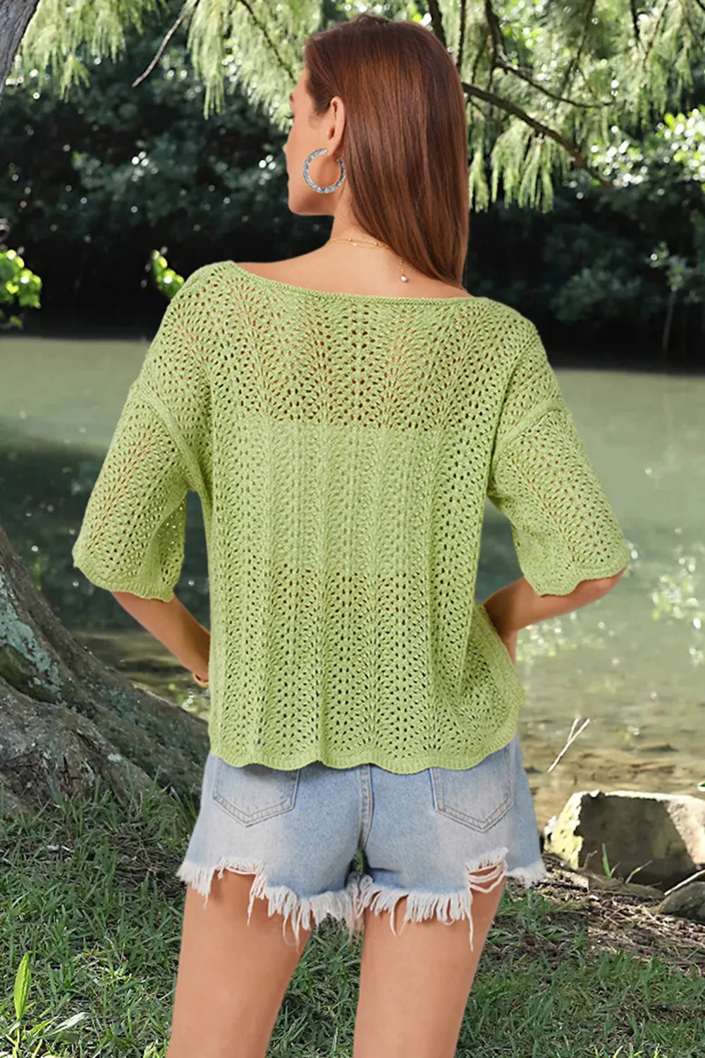 Openwork Round Neck Half Sleeve Knit Top (12)
