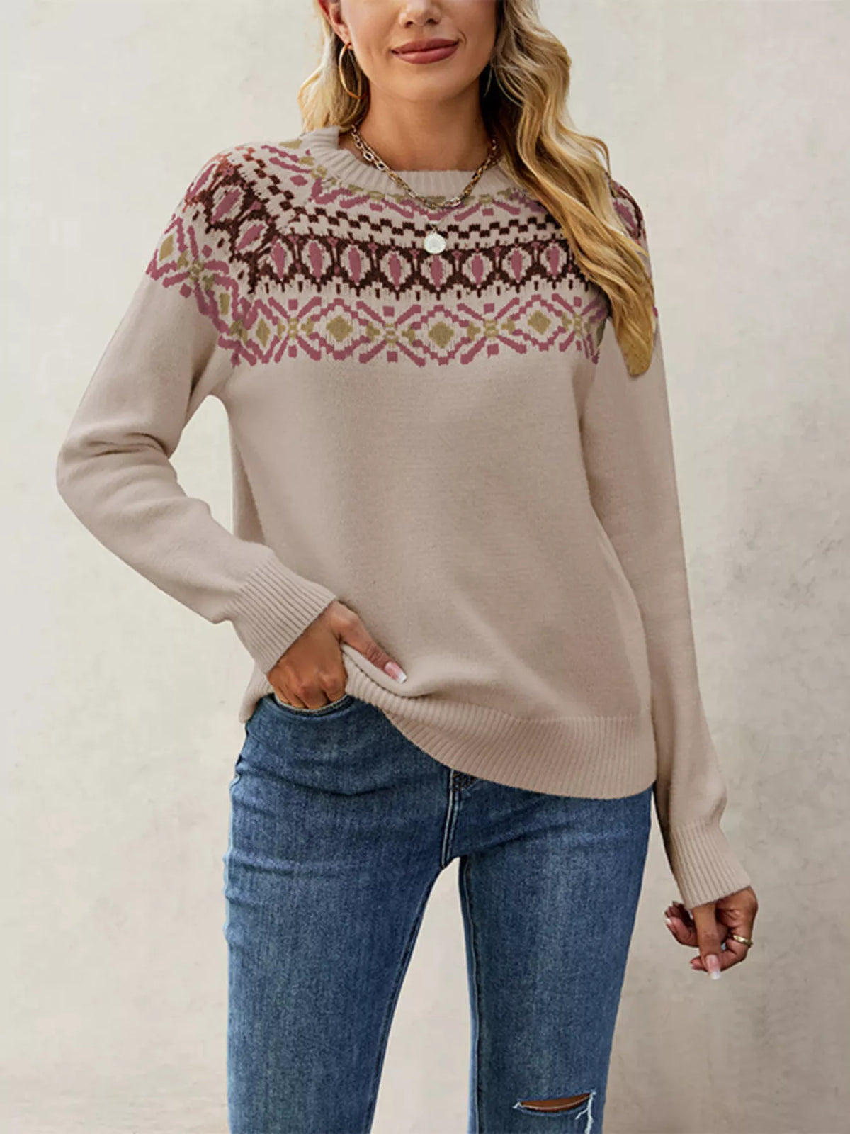 Fair Isle Pattern Crew Neck Sweater (6)