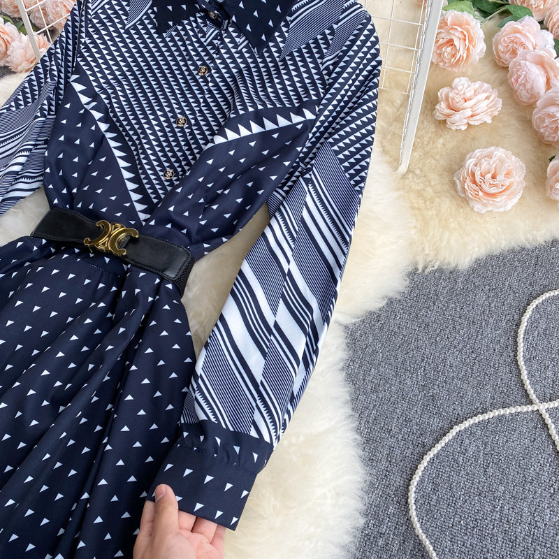 Color-blocking Striped Print Slim Mid-length Retro Dress photo 4