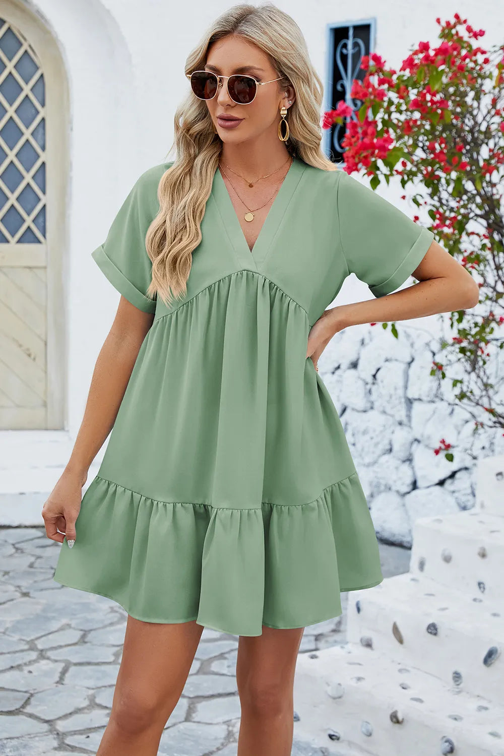 Ruched Tiered V-neck Short Sleeve Mini Dress (3)