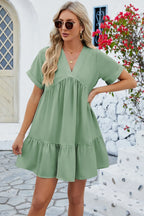Ruched Tiered V-neck Short Sleeve Mini Dress (3)