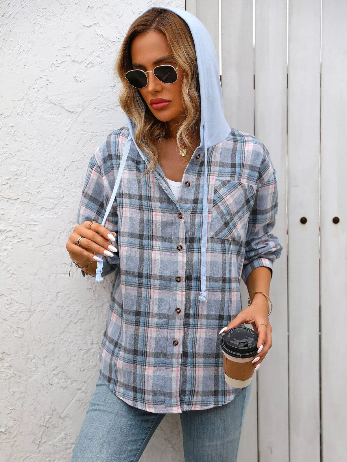 Plaid Button-up Hooded Shirt Chest Pocket (13)