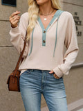 Waffle Knit Henley Hoodie Contrast Trim