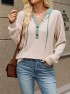 Waffle Knit Henley Hoodie Contrast Trim