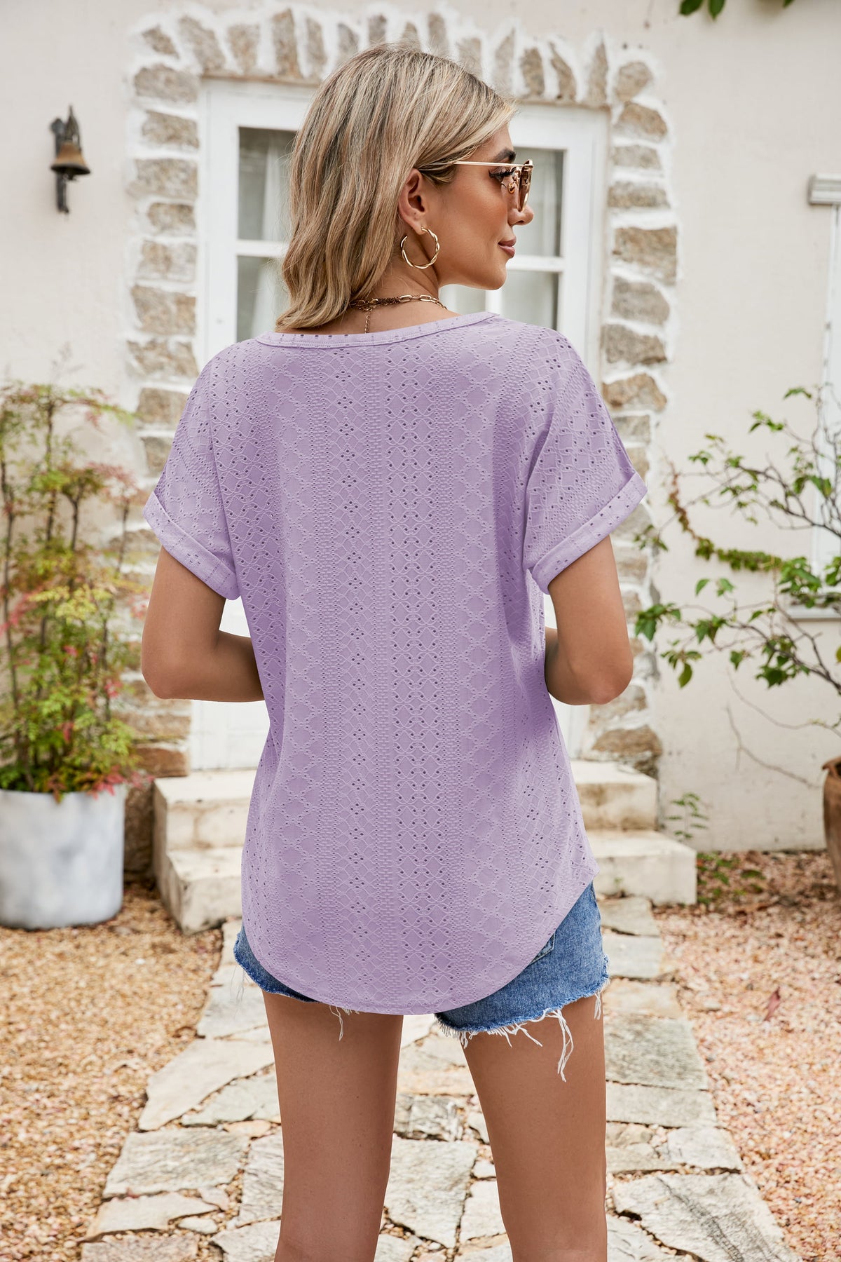 Full Size Round Neck Eyelet Short Sleeve Top (27)