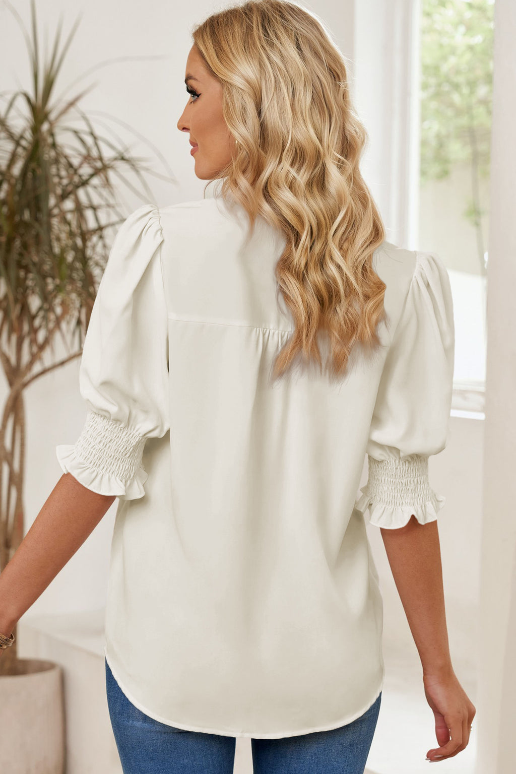 Smocked Flounce Sleeve Notched Neck Blouse (21)