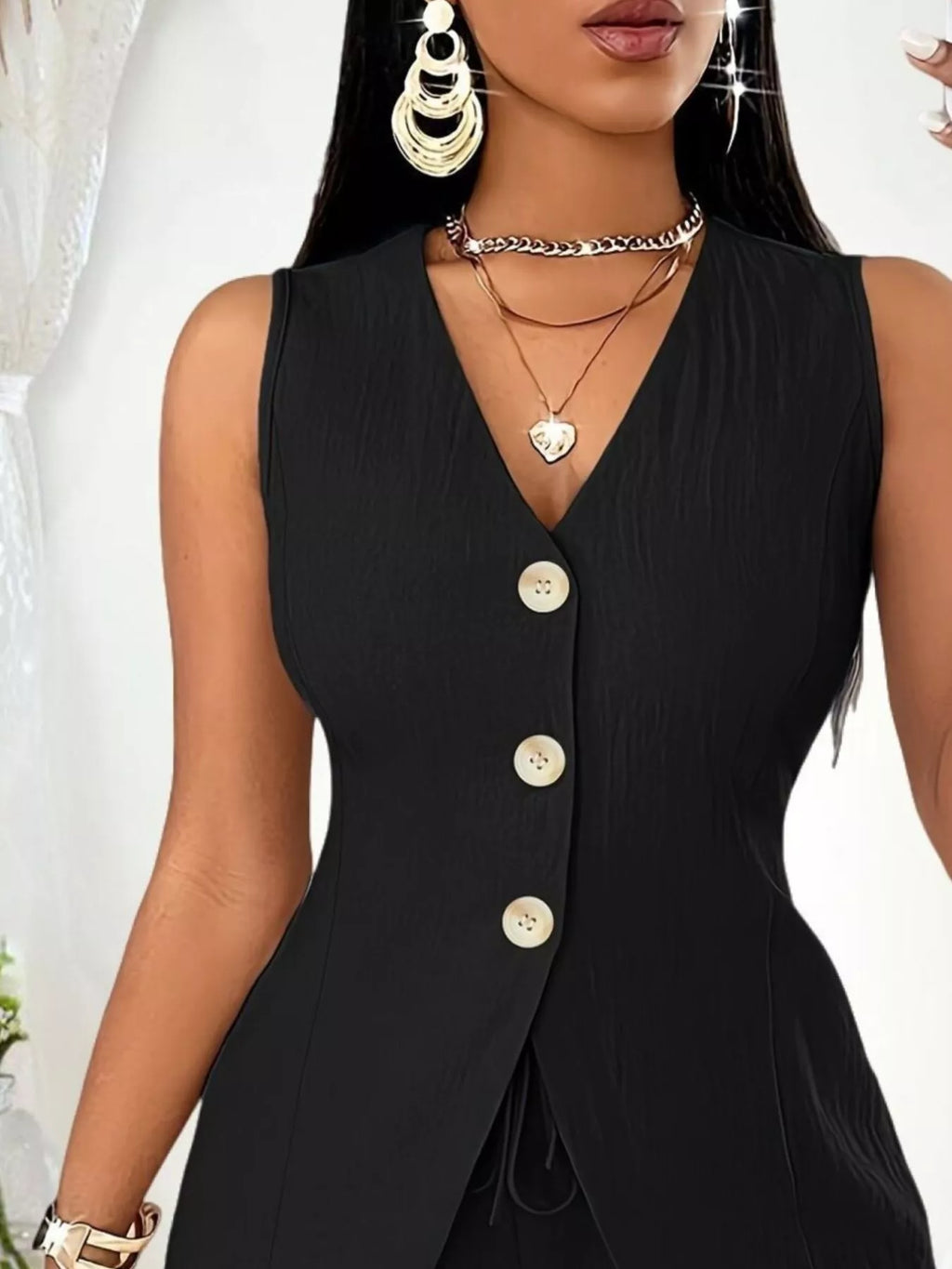 Sleeveless Button-down Vest Shorts Set (5)