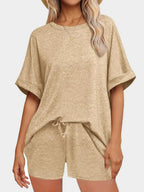 Round Neck T-shirt Drawstring Shorts Set (2)
