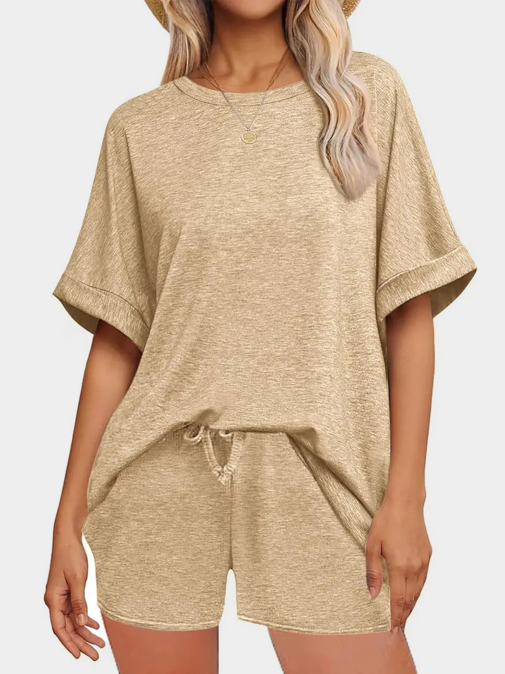 Round Neck T-shirt Drawstring Shorts Set (2)