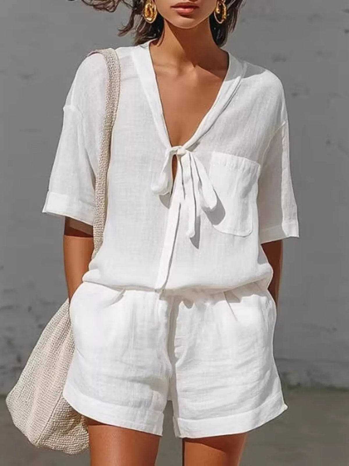 Tie-front Half Sleeve Shirt Shorts Set (3)