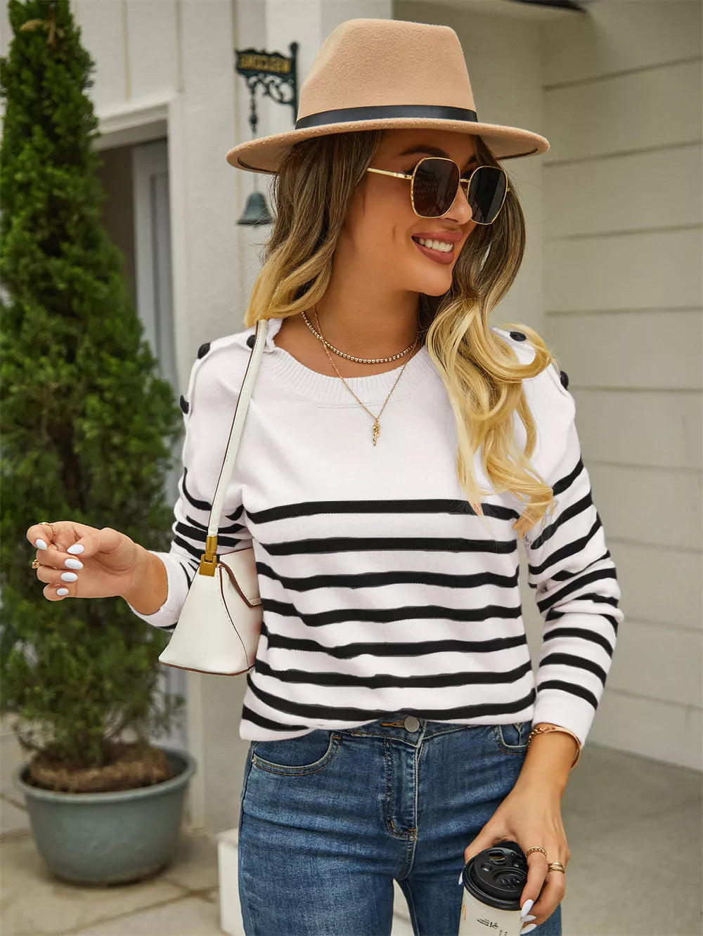 Round Neck Shoulder Button Striped Pullover Sweater (3)