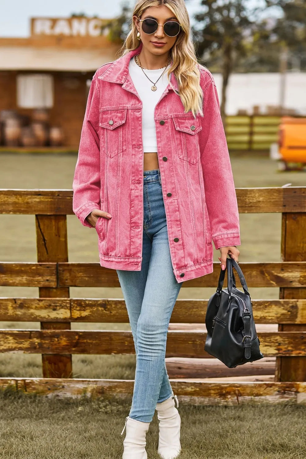Buttoned Collared Neck Denim Jacket Pockets (13)