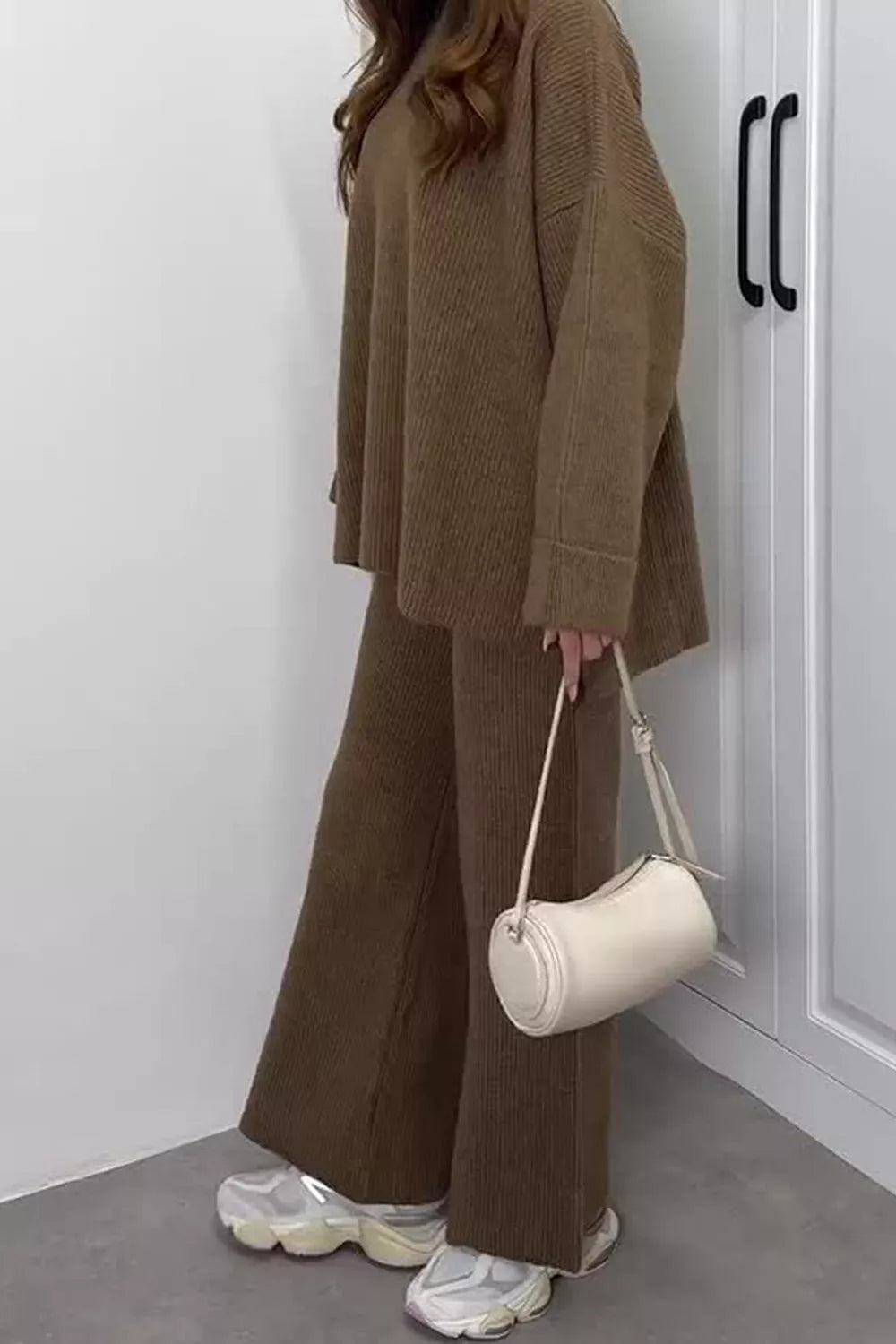 Dropped Shoulder Knit Sweater Wide Leg Pants Set (9)