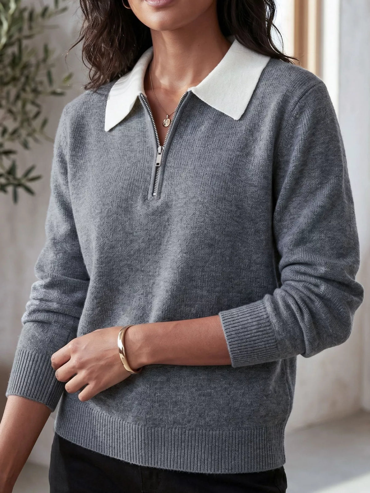 Contrast Collar Quarter Zip Sweater (2)