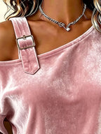 Full Size Velvet One-shoulder Top Buckle Detail Plus (14)