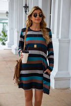 Striped Round Neck Long Sleeve Dress (6)