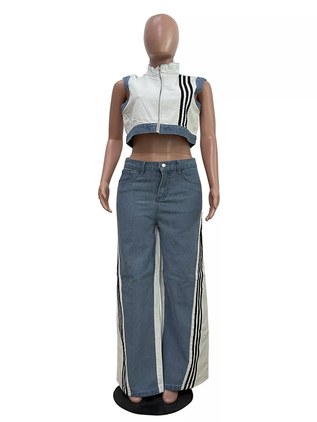 Zip Front Crop Top Striped Pants Set (5)