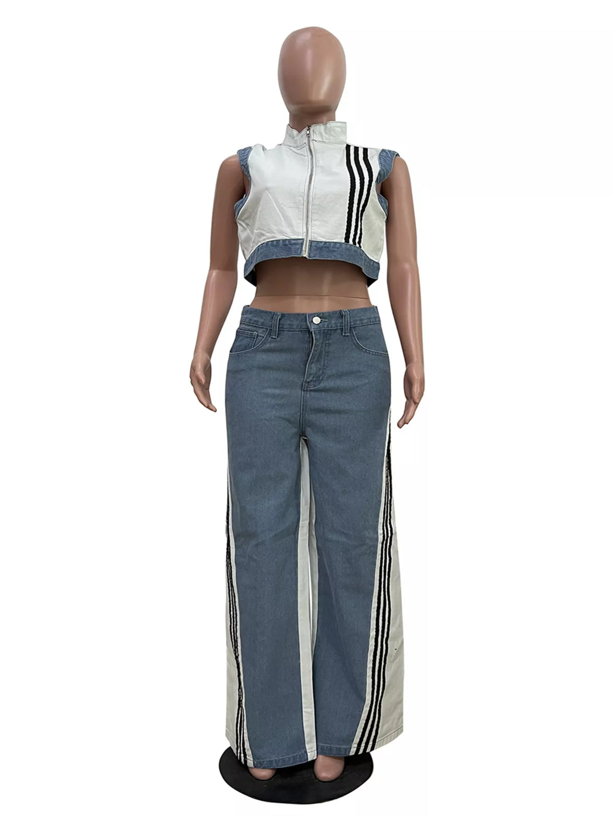 Zip Front Crop Top Striped Pants Set (5)