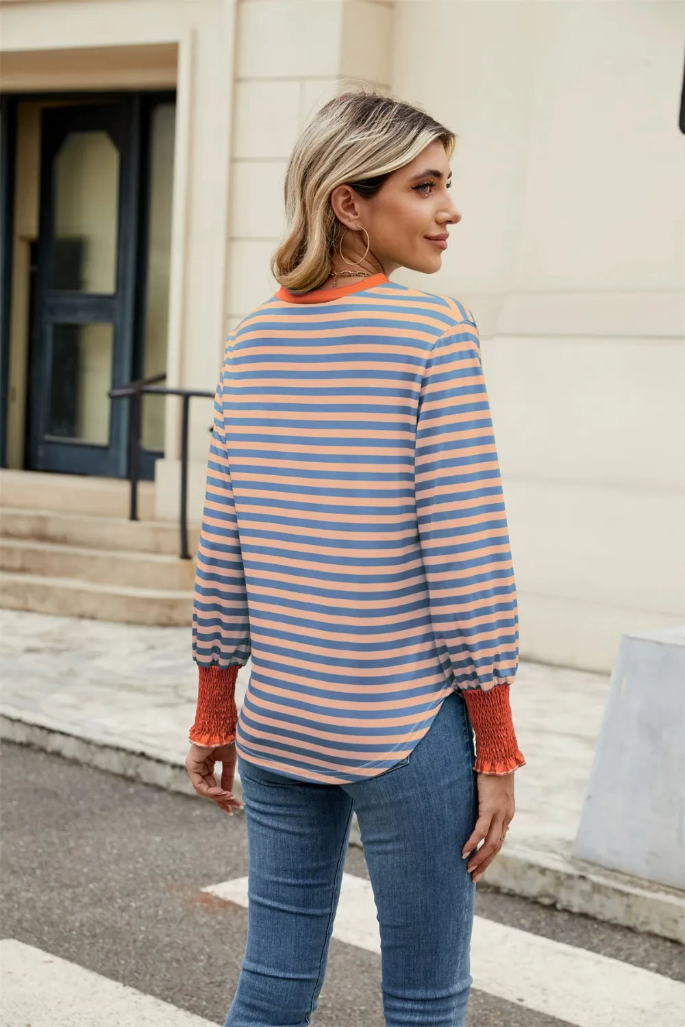 Contrast Striped Notched Long Sleeve Top (5)
