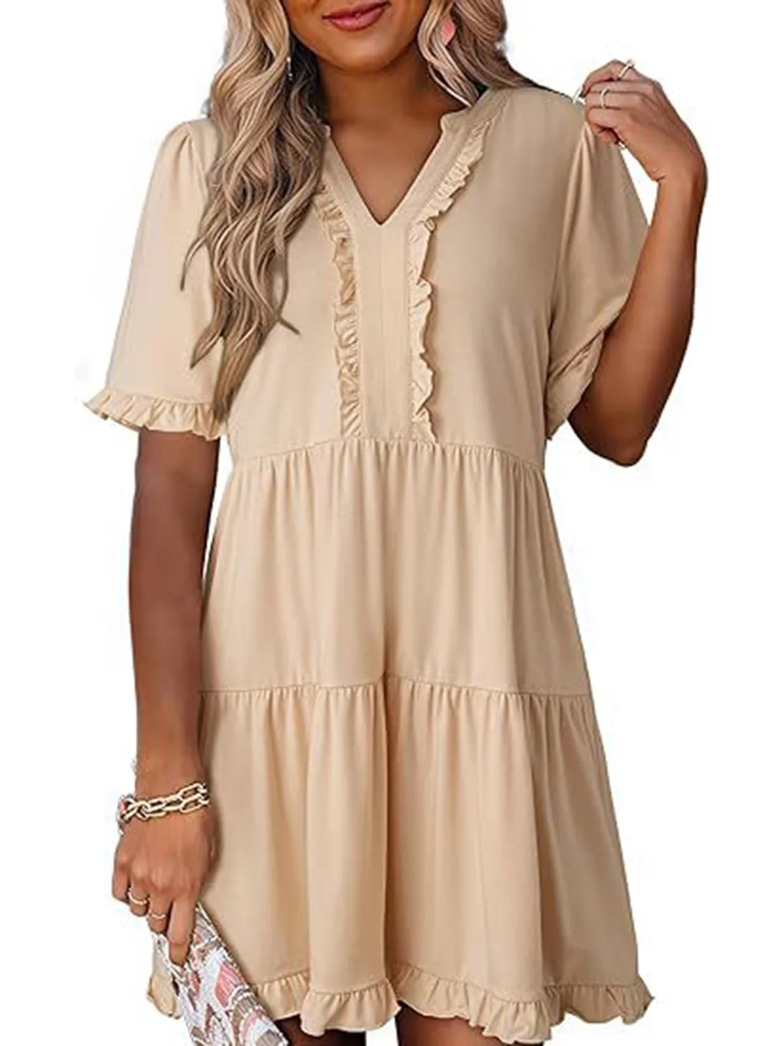 Tiered Notched Short Sleeve Mini Dress (17)