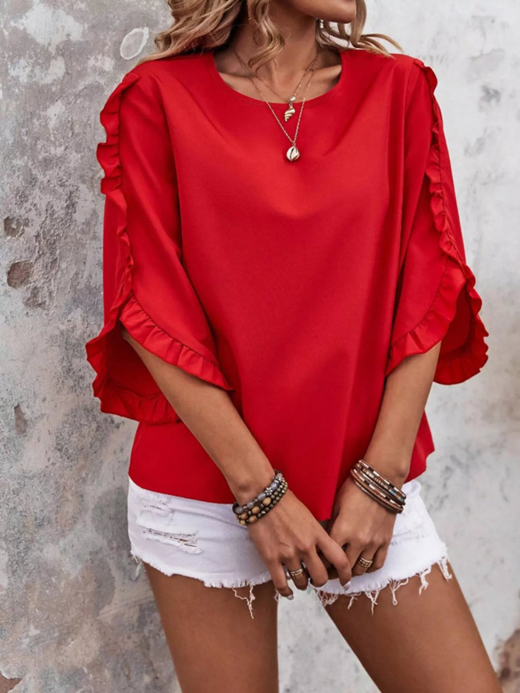 Ruffle Sleeve Solid Color Blouse (2)