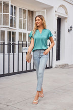 Notched Neck Flutter Sleeve Satin Top (6)
