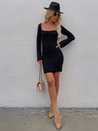 Tie Back Square Neck Long Sleeve Sweater Dress (8)
