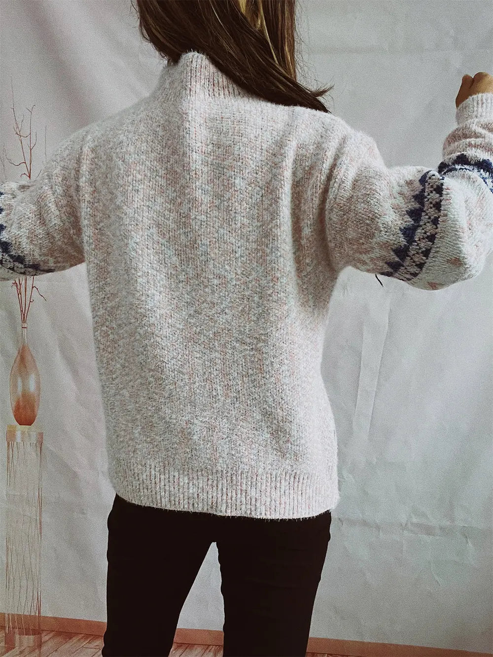 Geometric Mock Neck Dropped Shoulder Sweater (6)