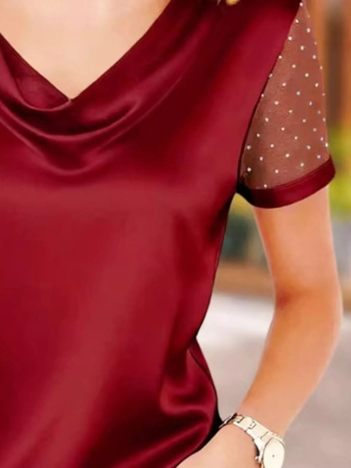 Cowl Neck Polka Dot Short Sleeve Top (5)