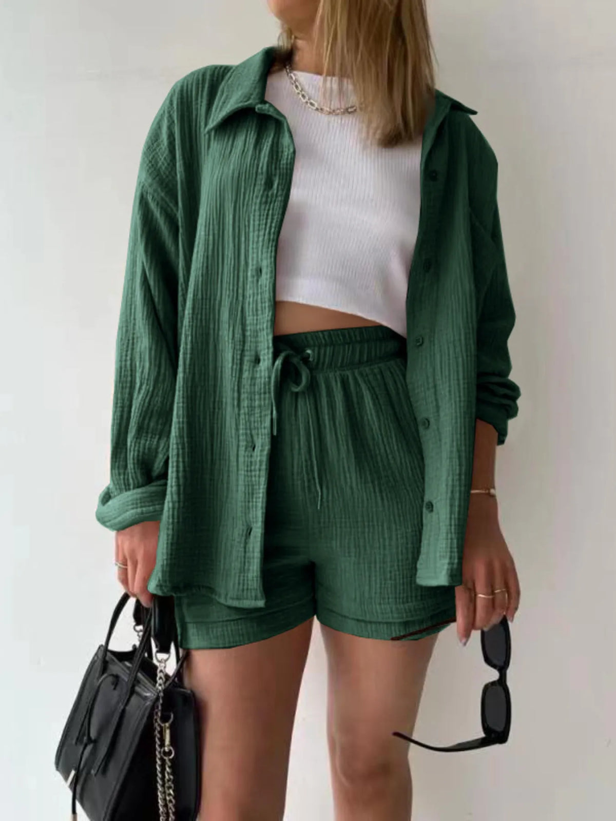 Button Up Shirt Shorts Set (31)