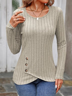 Decorative Button Round Neck Long Sleeve T-shirt (34)