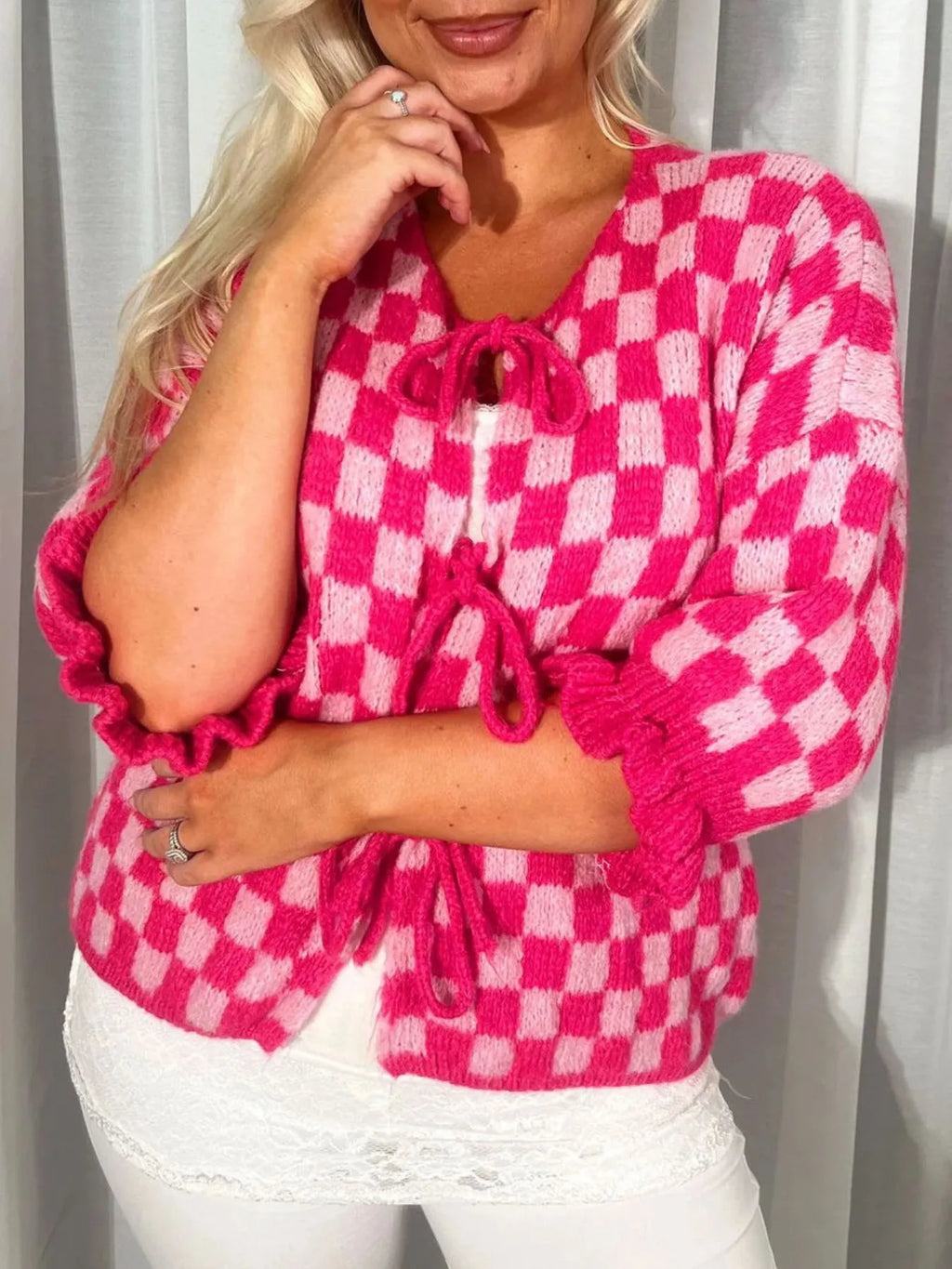 Checkered Tie-front Knit Cardigan (2)