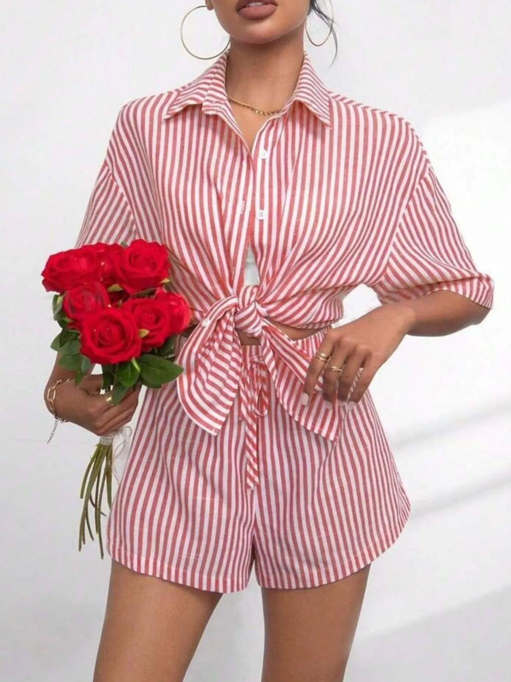 Striped Button Up Shirt Shorts Casual Set (5)