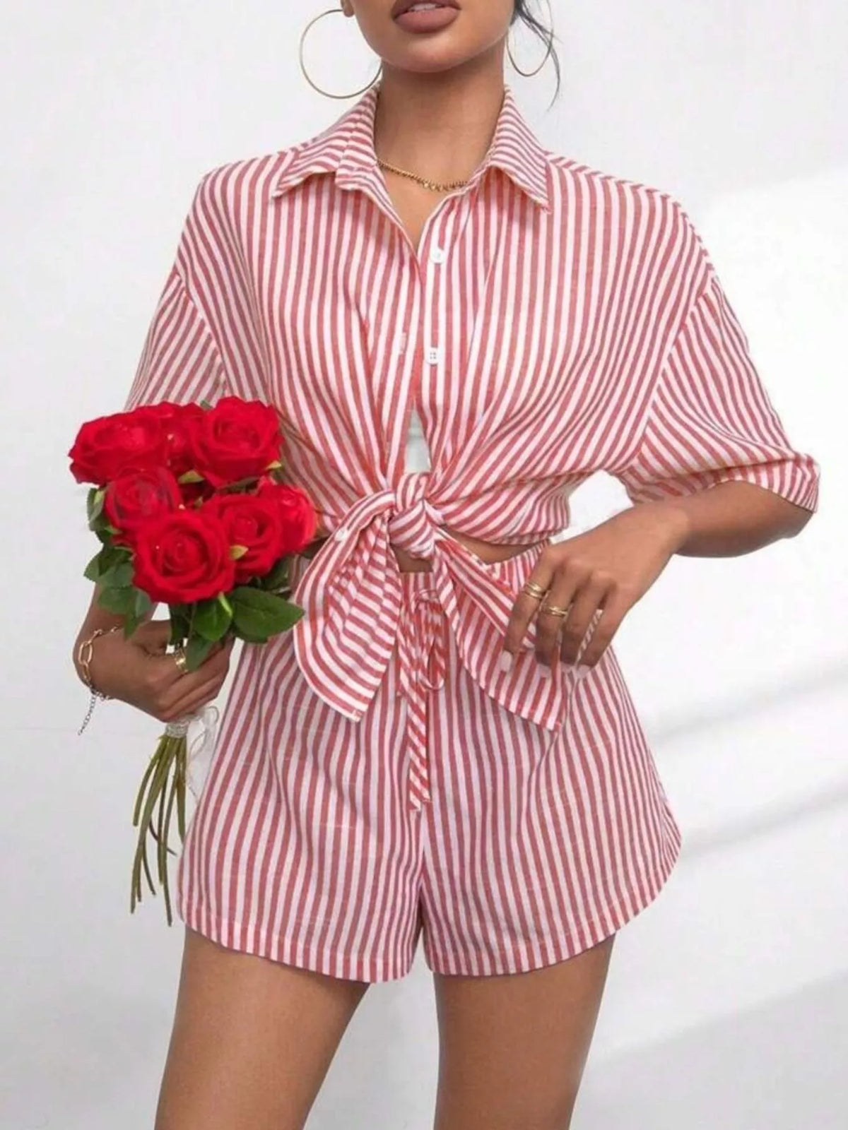 Striped Button Up Shirt Shorts Casual Set (5)