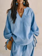 Relaxed Fit Drawstring Sleeve Detail Top Pants Denim Set (2)