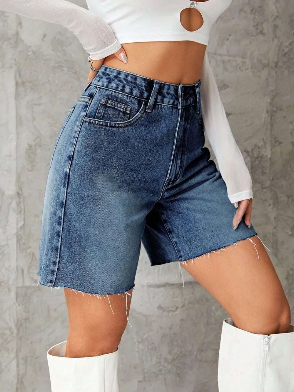 Frayed Hem Denim Shorts (2)