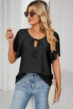 Eyelet Tie Neck Flutter Sleeve Blouse (13)