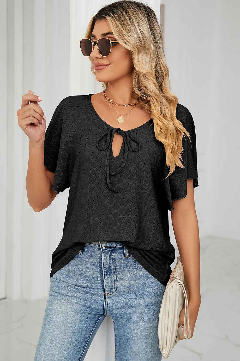 Eyelet Tie Neck Flutter Sleeve Blouse (13)