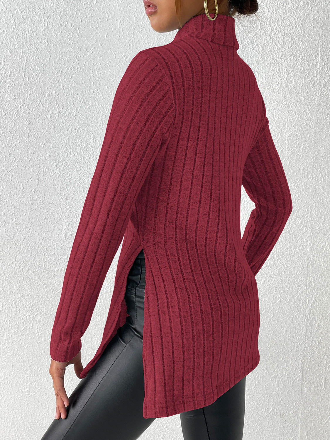 Ribbed Turtleneck Long Sleeve Slit T-shirt (19)