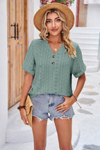 Buttoned Notched Neck Eyelet Top (13)