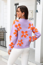 Floral Print Round Neck Dropped Shoulder Pullover Sweater (2)