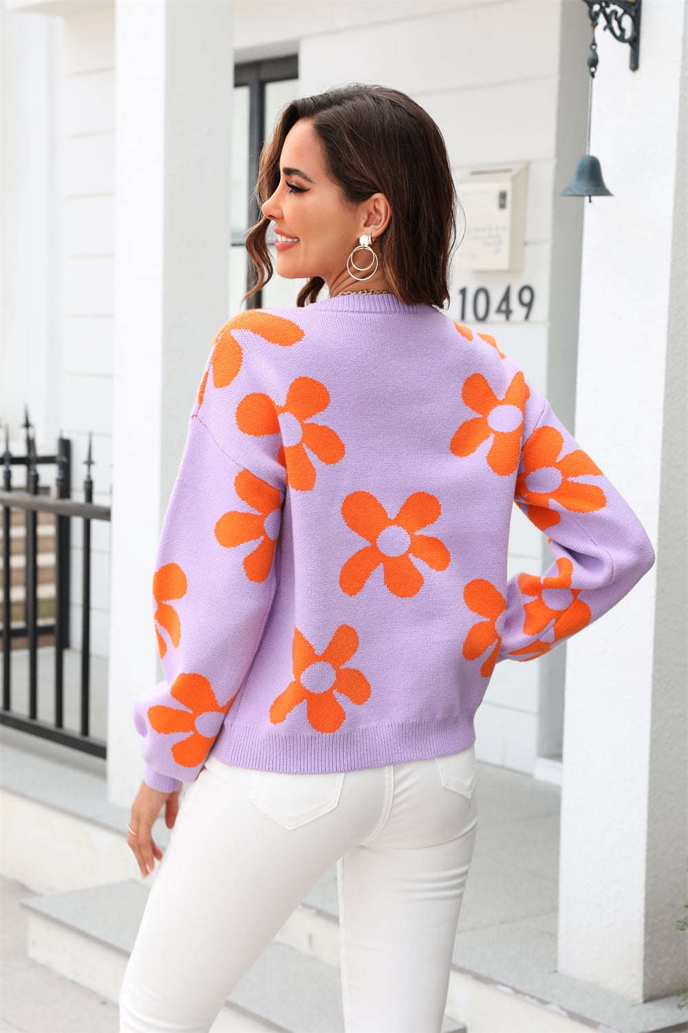 Floral Print Round Neck Dropped Shoulder Pullover Sweater (2)