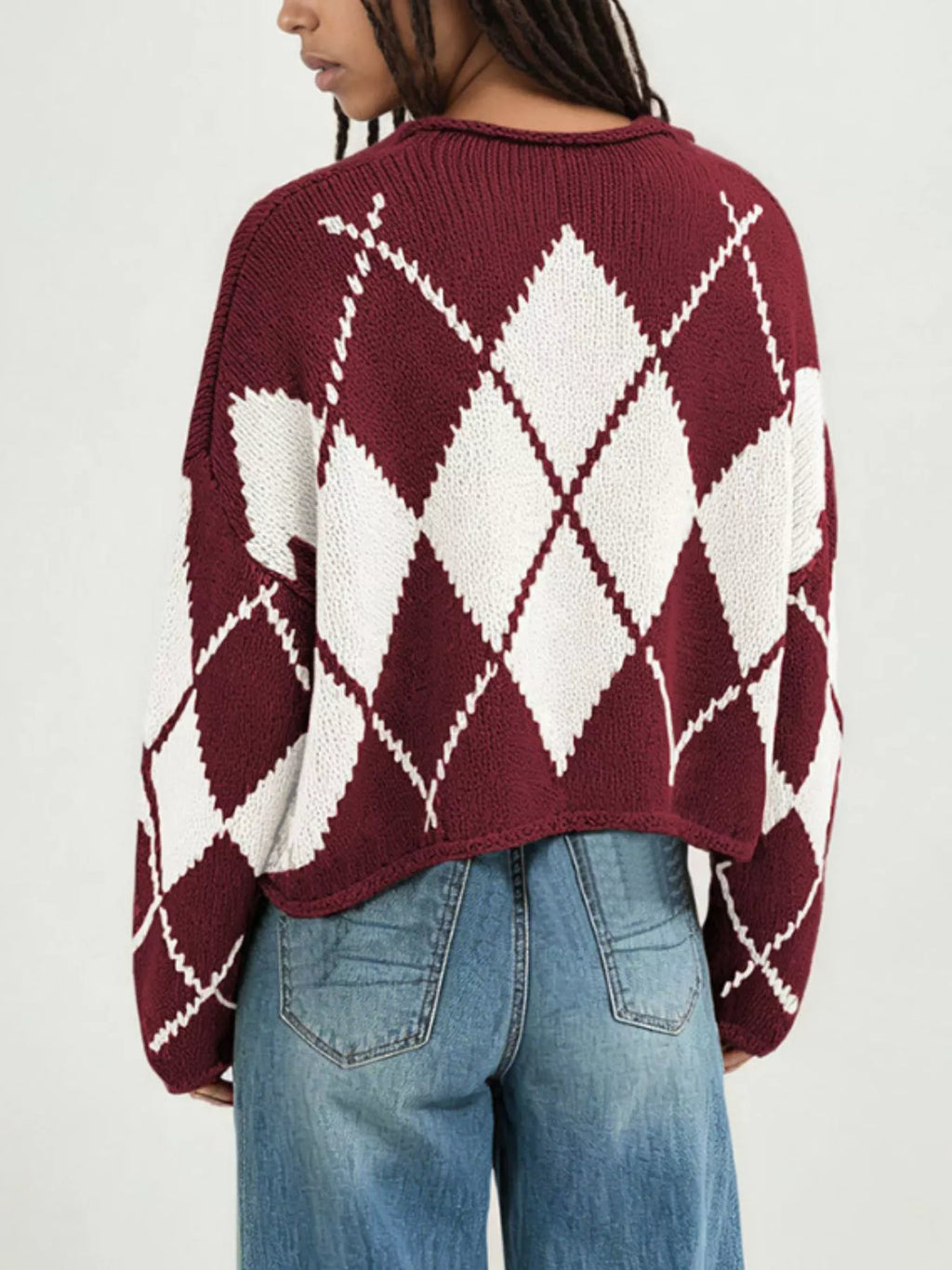 Argyle Pattern Knit Dropped Shoulder Sweater (12)