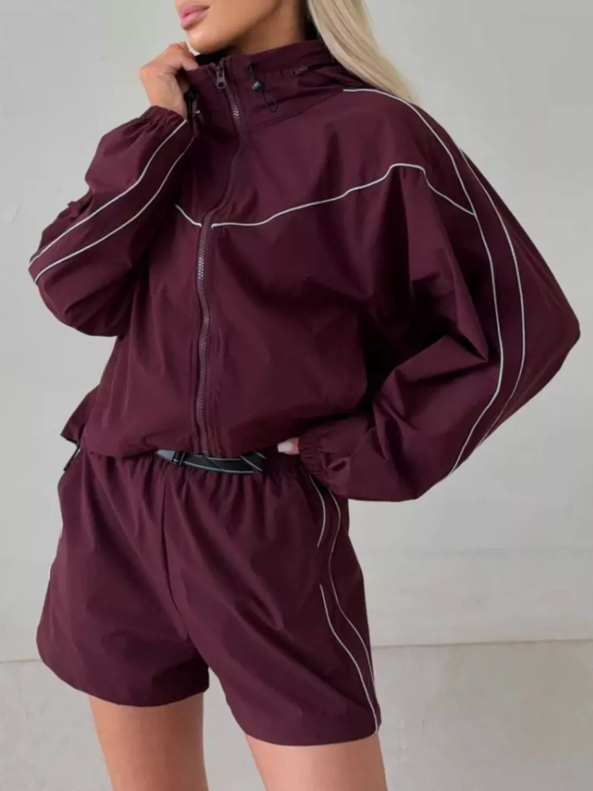 Drawstring Zip-up Jacket Shorts Set (25)