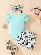 Children's Ruffled Cow Bodysuit Shorts Set Headband (2)