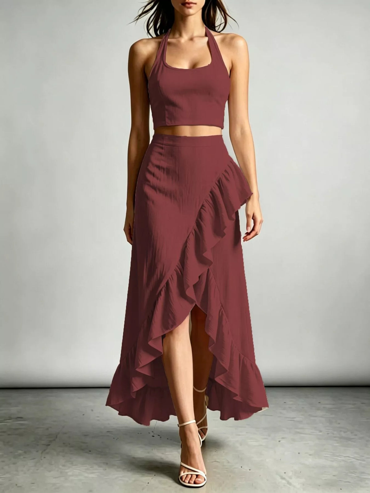 Halter Neck Crop Top High-low Maxi Skirt Two-piece Set (10)