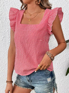 Gingham Ruffle Sleeve Square Neck Blouse (26)